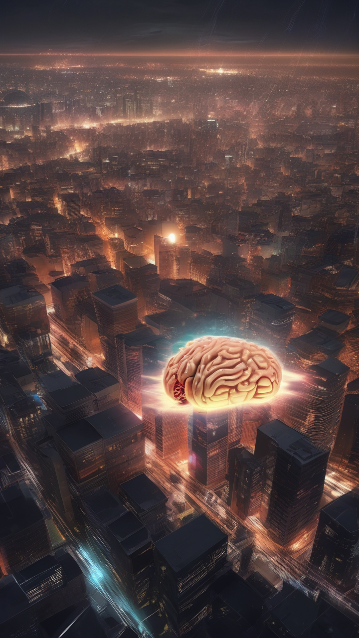 A glowing digital brain floating above a city skyline at midnight