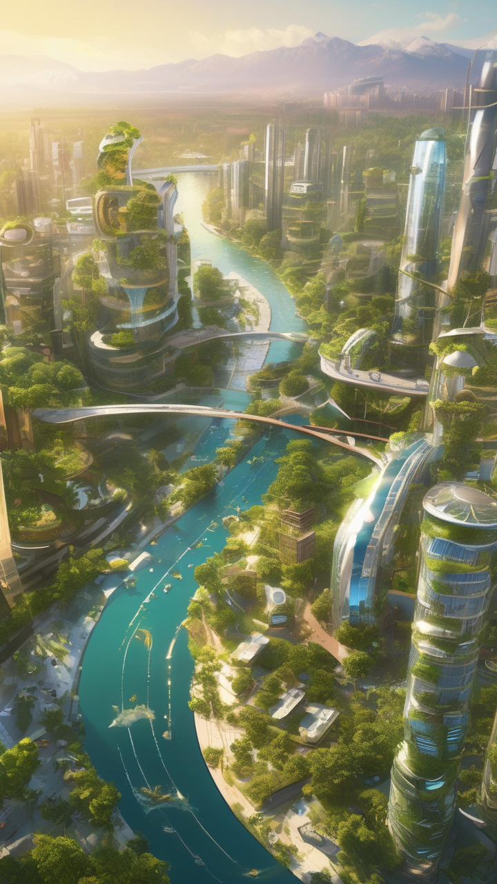 Solarpunk city blending lush greenery with golden solar infrastructure