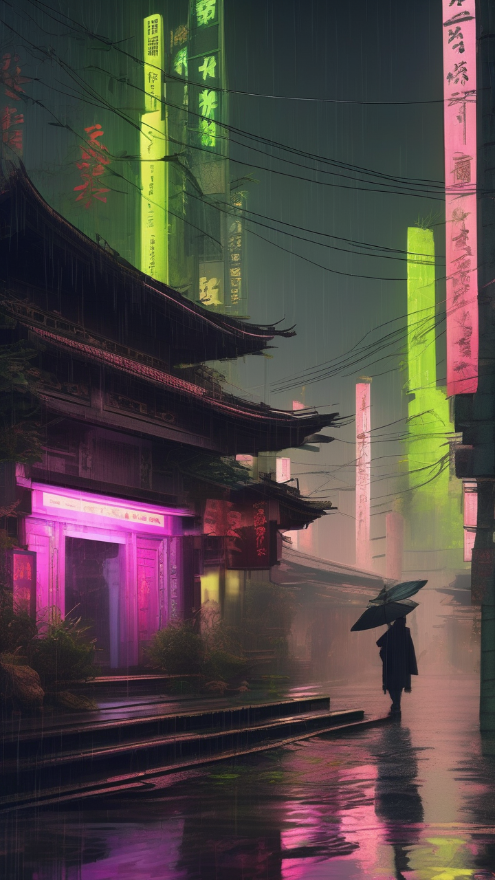 Ancient shrine preserved inside a cyberpunk city