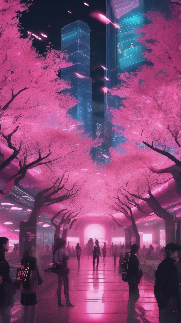 A synthetic cherry blossom park in a cyberpunk city