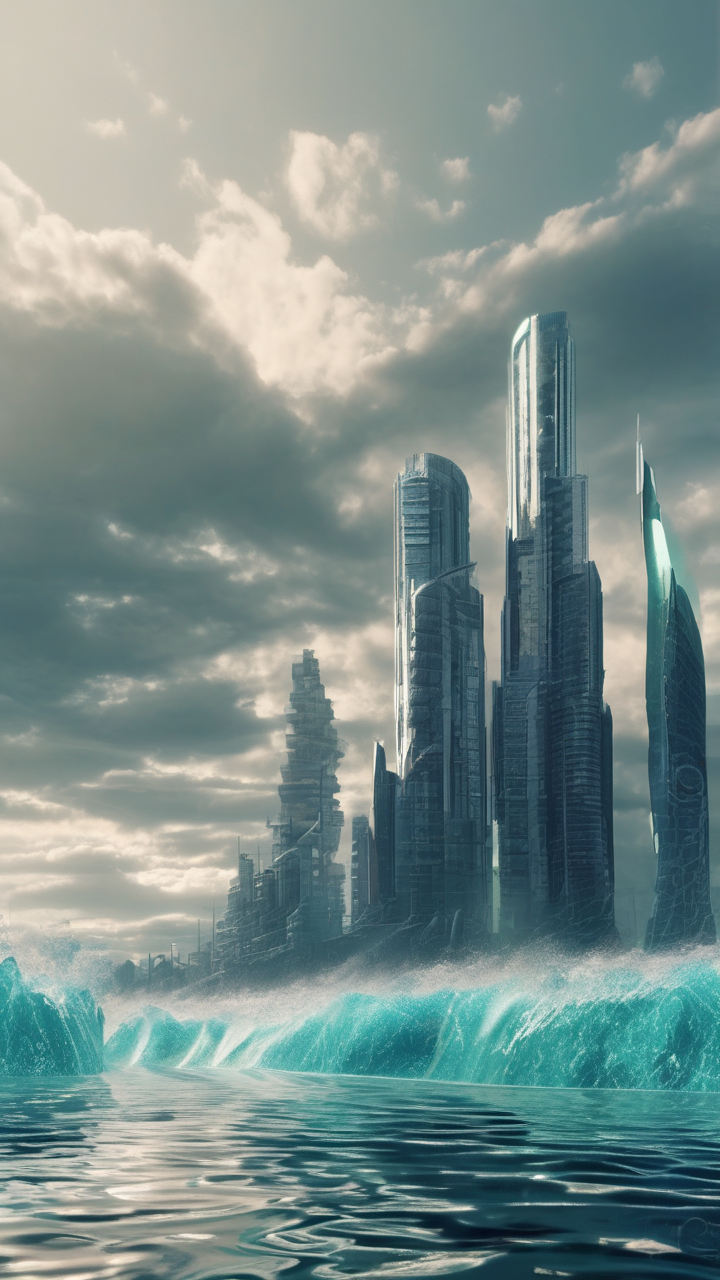 Futuristic water world — an ocean planet with only one artificial city island