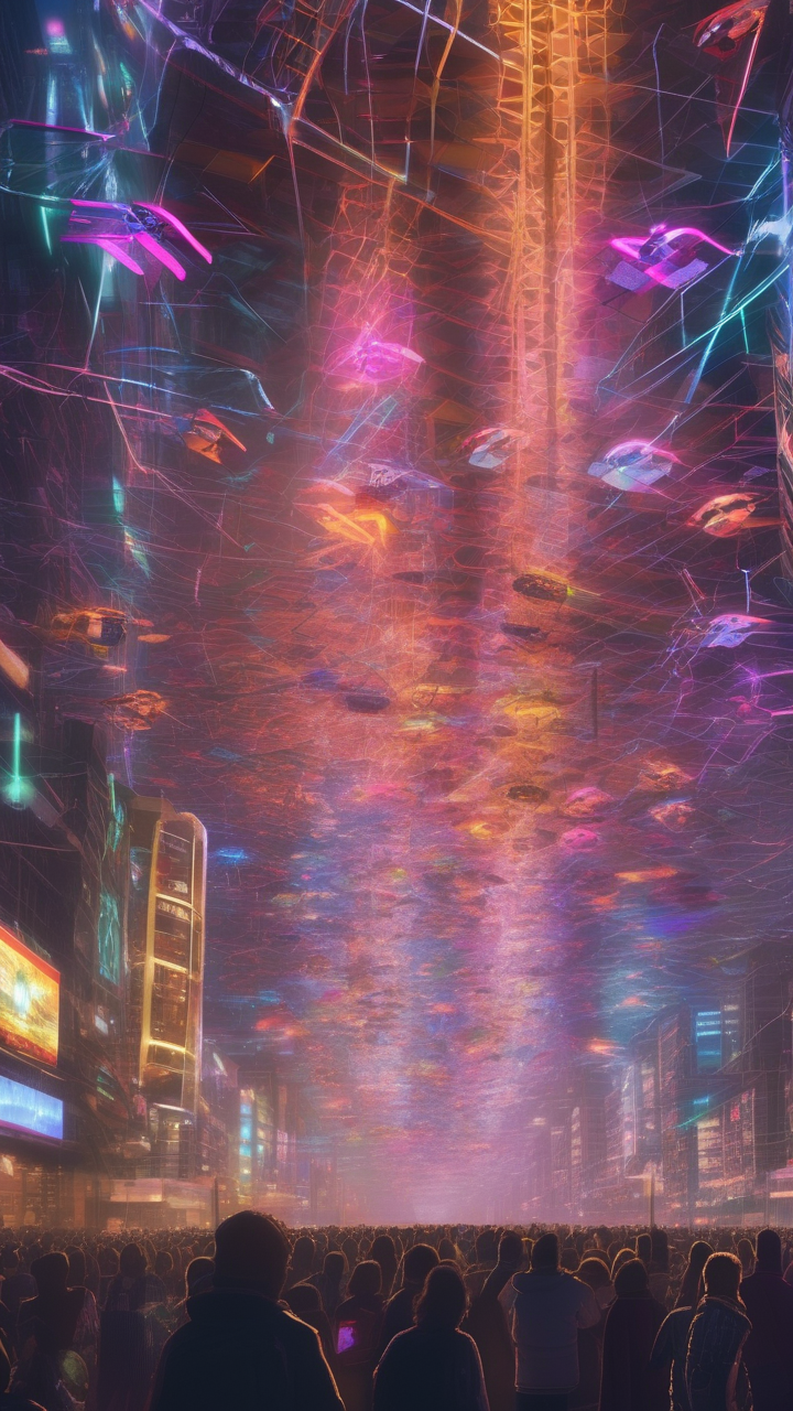 Drone swarm creating a living light display above a cyberpunk city square
