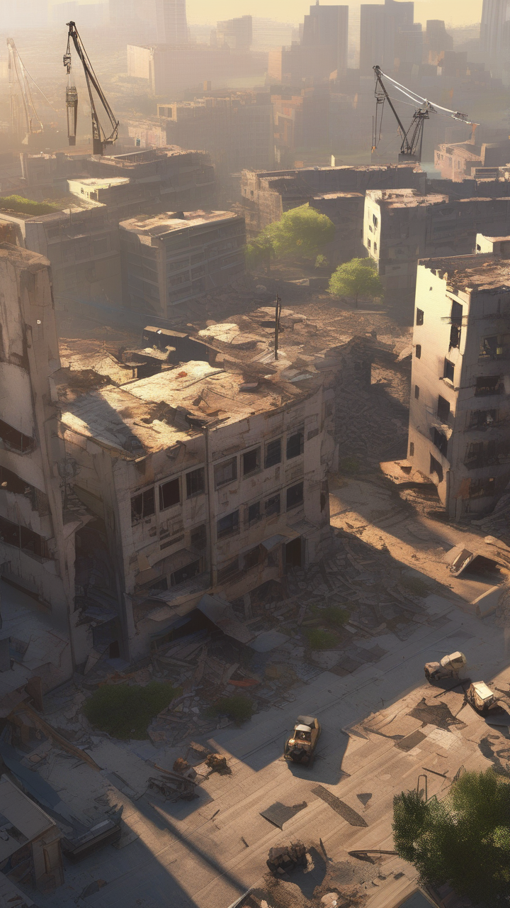 Post-war cyberpunk reconstruction — cranes and drones rebuilding shattered city