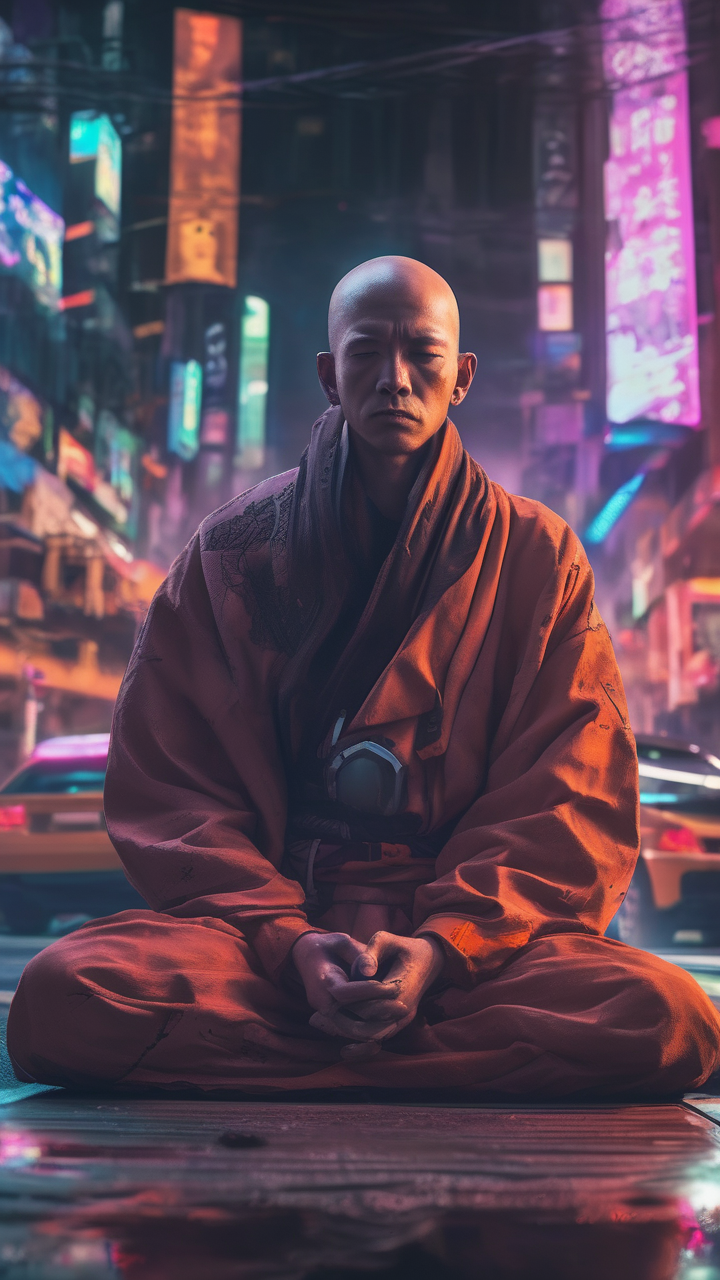 A cyberpunk monk sitting in meditation at the center of a busy neon intersection