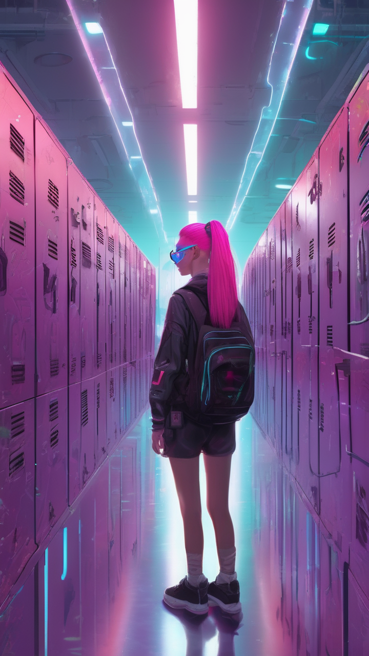 Cyberpunk high school hallway