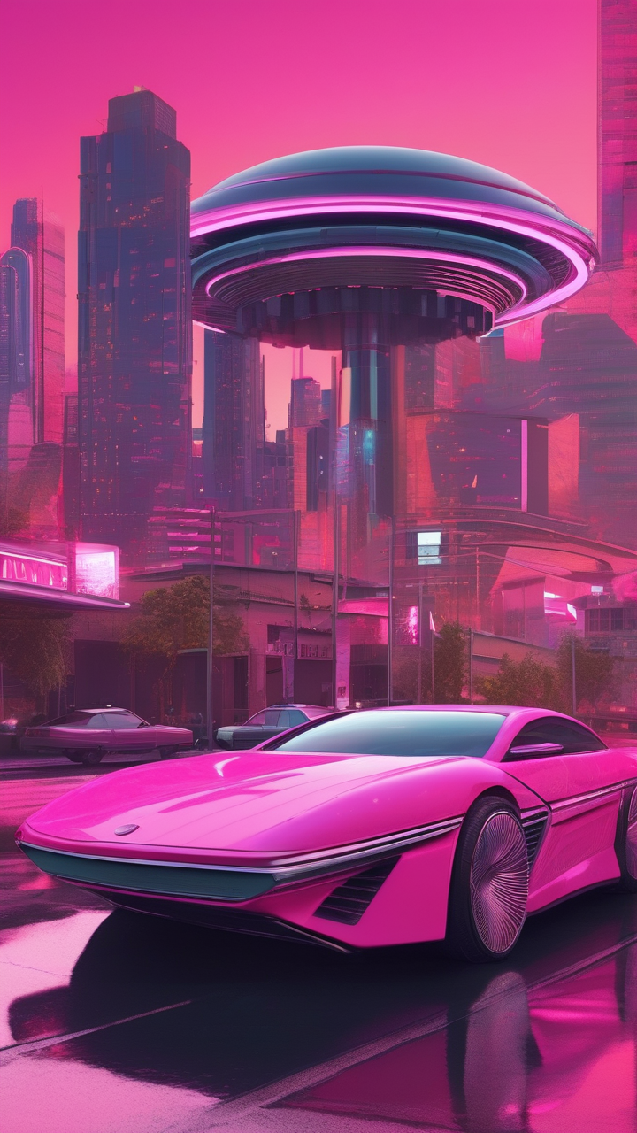 A retro-futuristic 1980s vision of 2025 come true — chrome cars