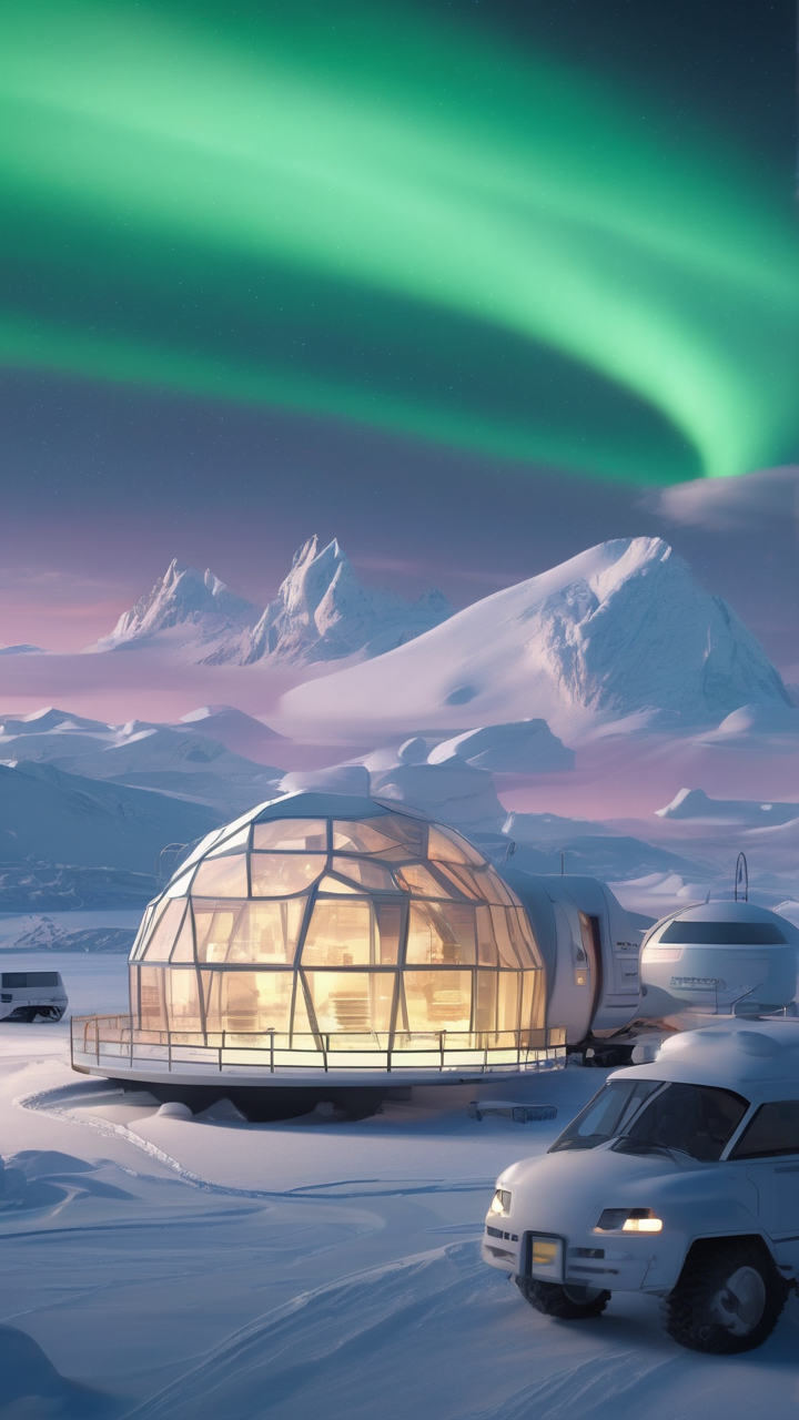 Futuristic Arctic research station during aurora borealis