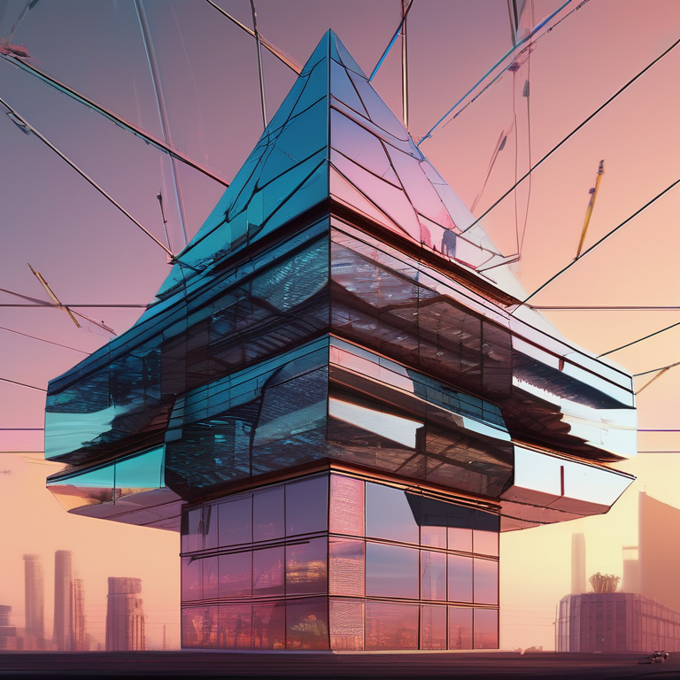 Cyberpunk corporate headquarters — a pyramid of mirrored glass rising above the smog layer into clear sky