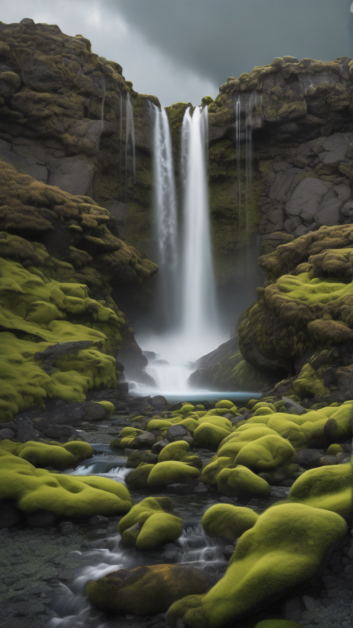 Icelandic waterfall cascading into a crystal pool surrounded by moss-covered volcanic rock