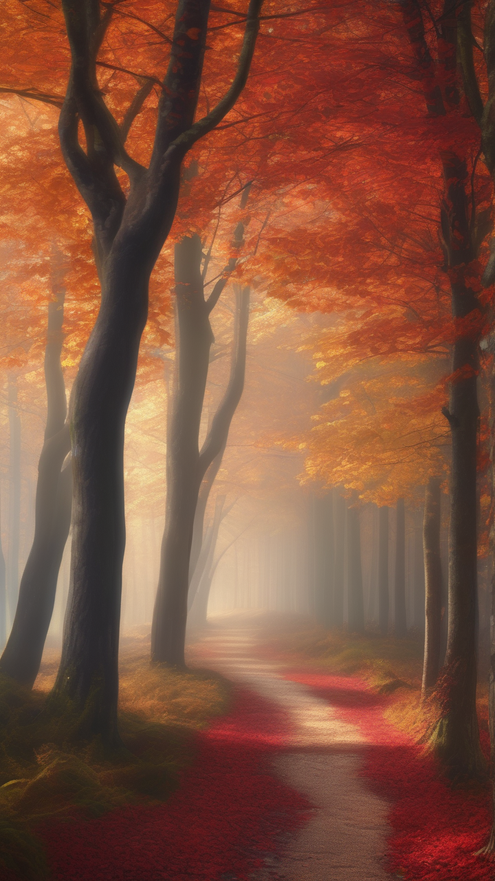 Autumn forest path carpeted in red and gold leaves
