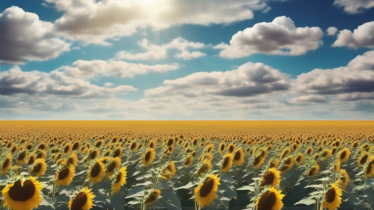 Sunflower field stretching to the horizon under a blue summer sky with perfect white clouds