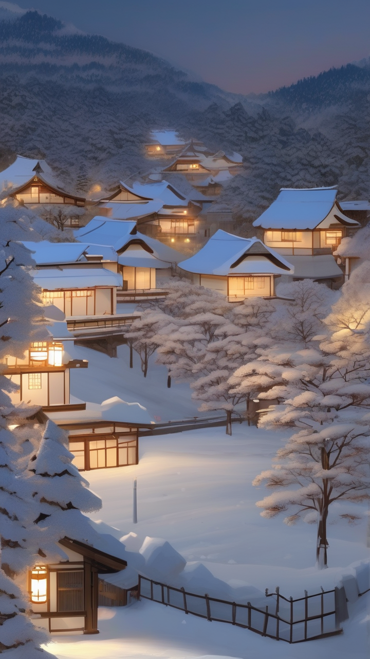 Snow-covered Japanese village at dusk