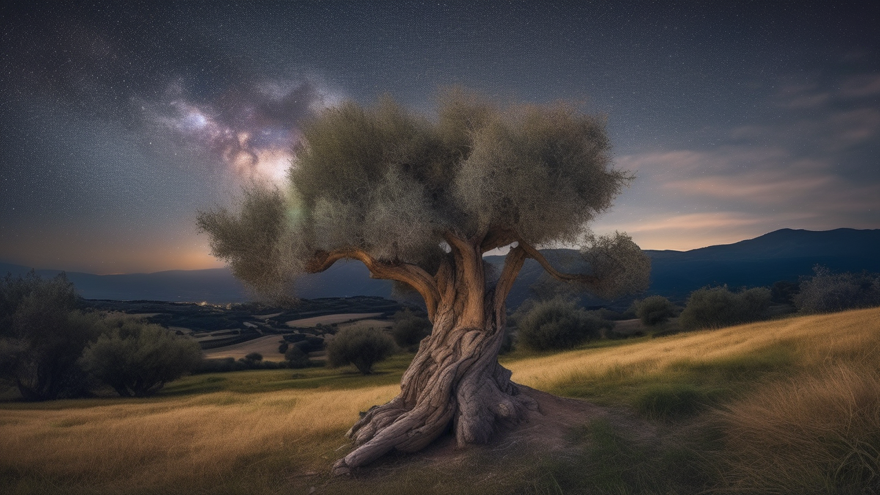 Milky Way rising over a lone ancient olive tree in a Mediterranean field
