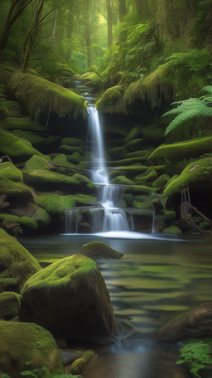 A hidden forest waterfall surrounded by ferns and mossy rocks