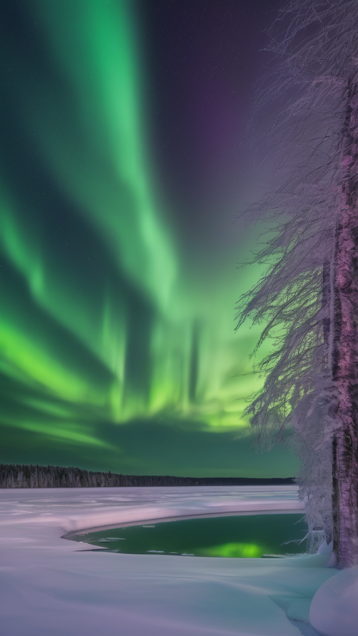Northern Lights dancing over a frozen lake in Finland
