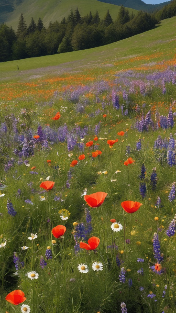 Spring wildflower meadow in full bloom — poppies