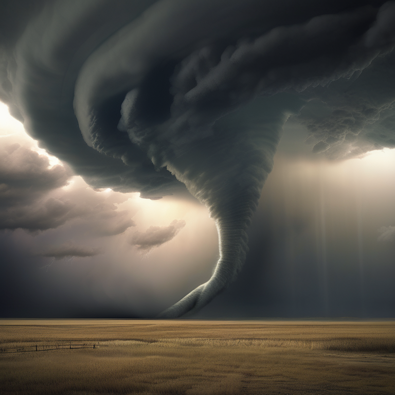 Supercell thunderstorm with a rope tornado touching down on the plains