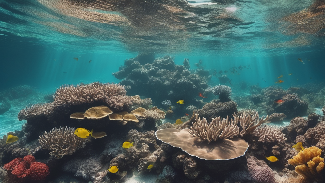 A pristine coral reef photographed from below