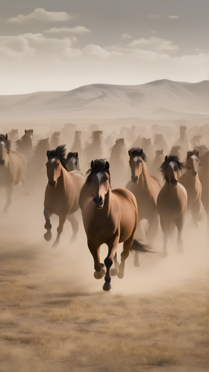 Wild horse herd galloping across the Mongolian steppe