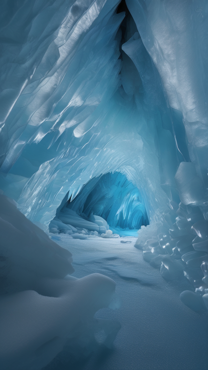 Midnight ice cave in a glacier