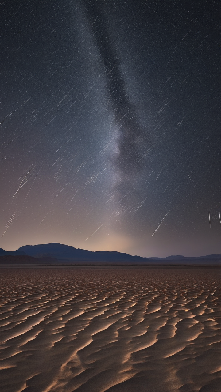 Meteor shower over a silent desert lake