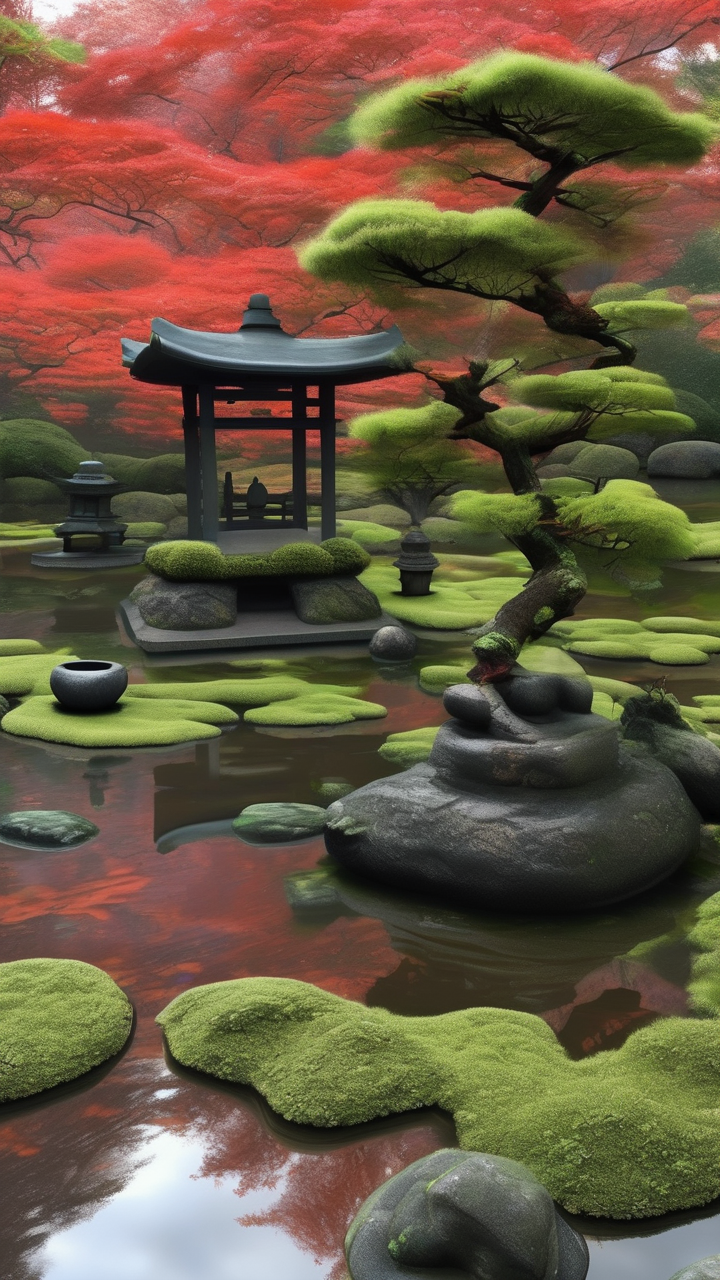 Mossy Japanese zen garden after rain
