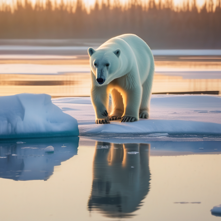 Polar bear mother and cub on drifting Arctic ice at golden hour