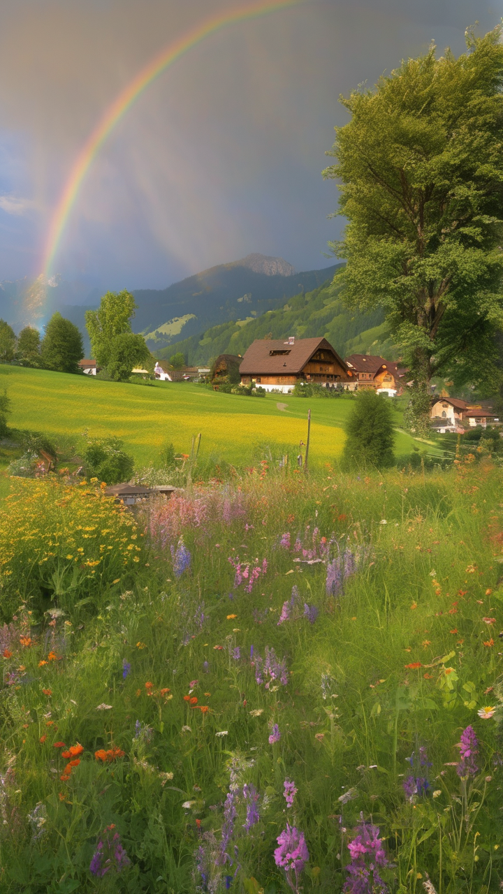 A double rainbow arching over a Bavarian valley