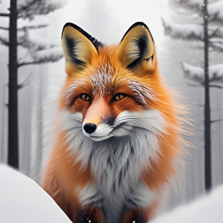 A fox in a snowy pine forest