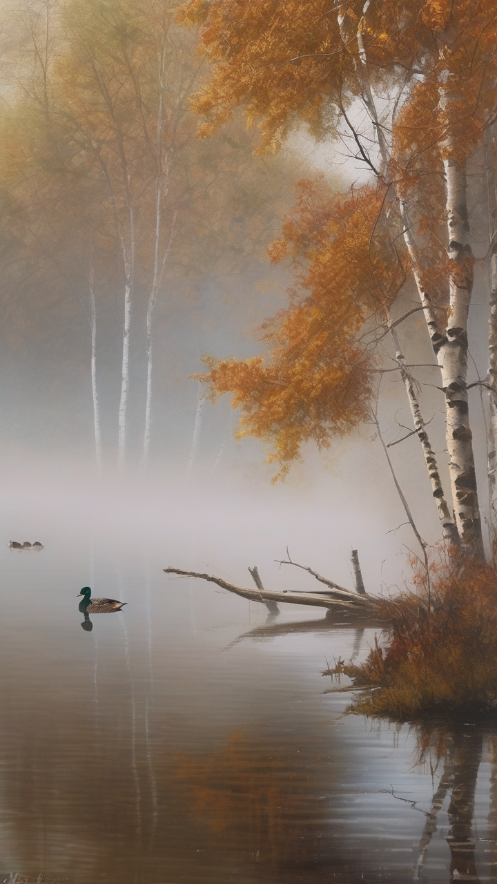 Autumn fog over a New England lake
