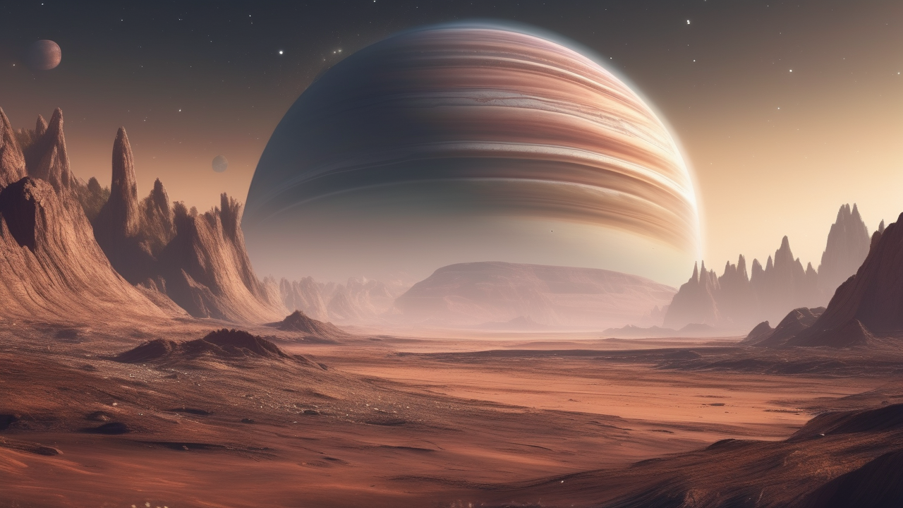 A gas giant planet with enormous rings seen from its moon's surface