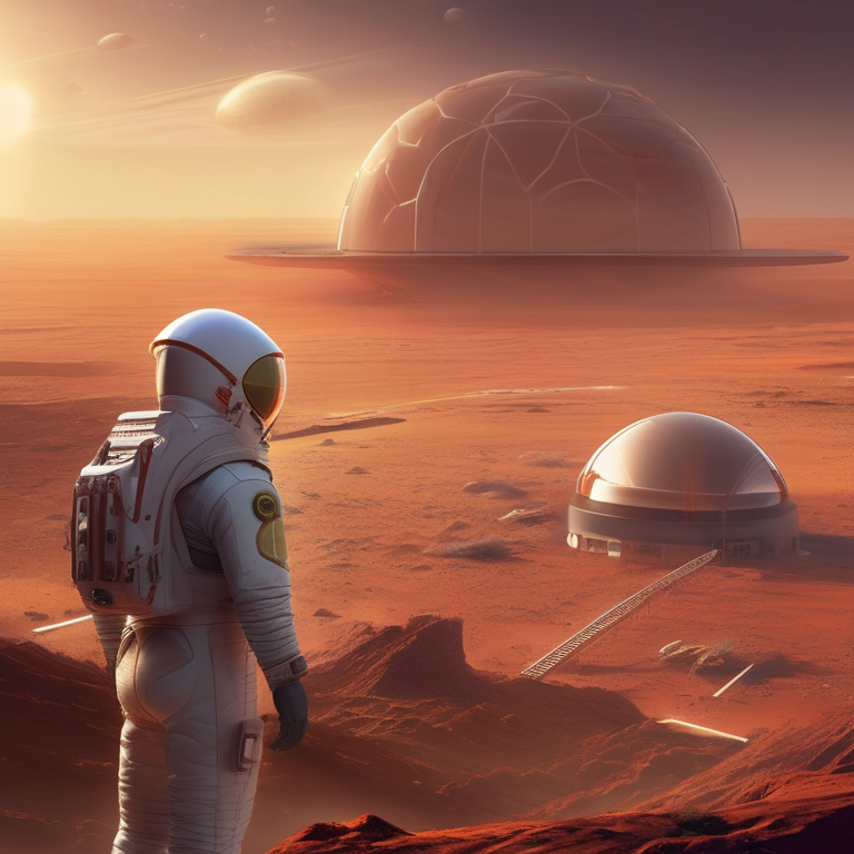 Mars colony at sunset