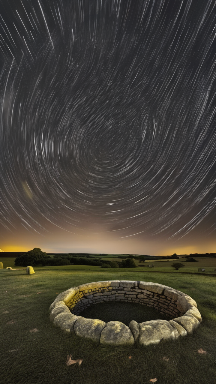 Time-lapse star trail circle over an ancient stone circle