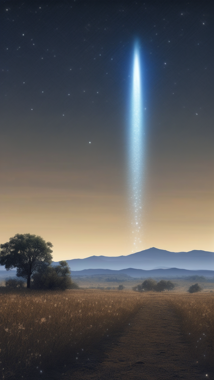 Comet with a 50-million-mile tail crossing a field of stars