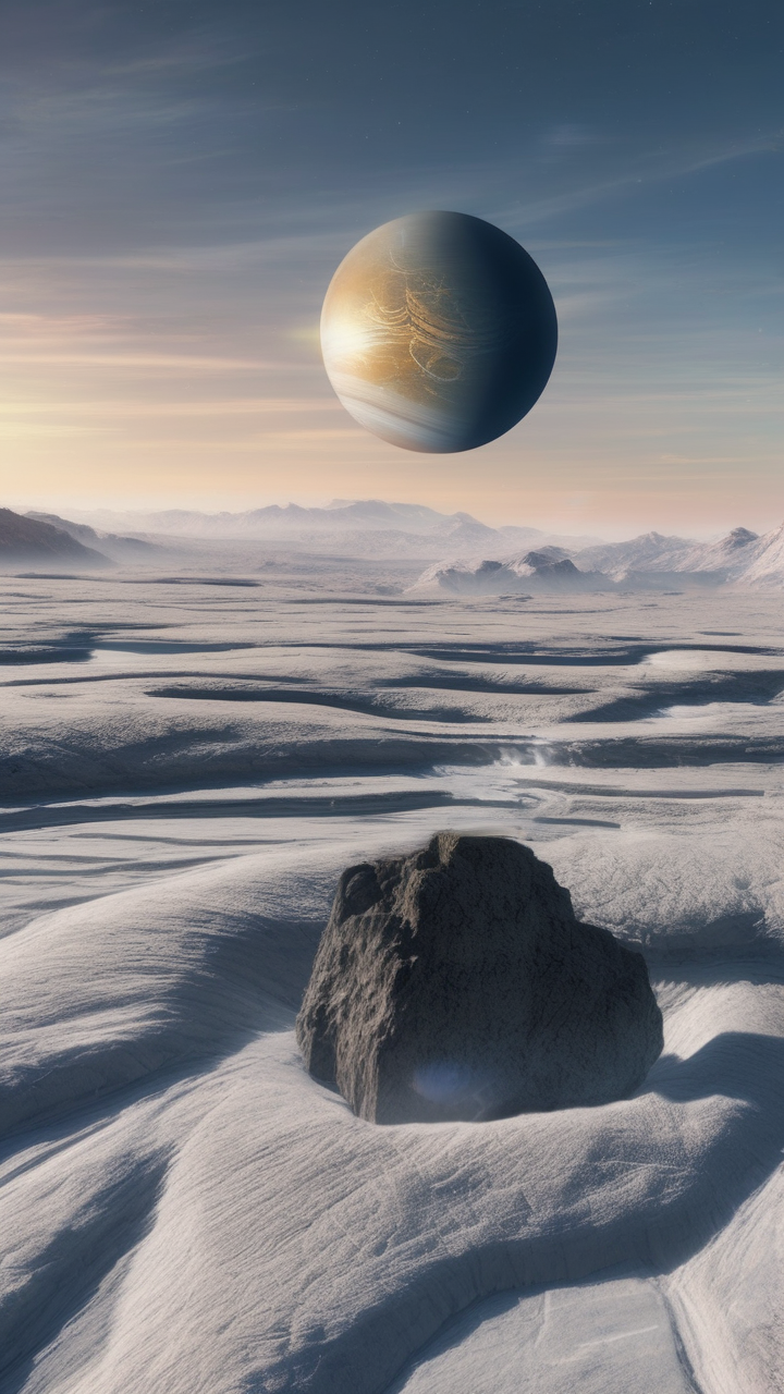 A planet with rings seen from the rings themselves — standing on ice and rock looking at the planet face