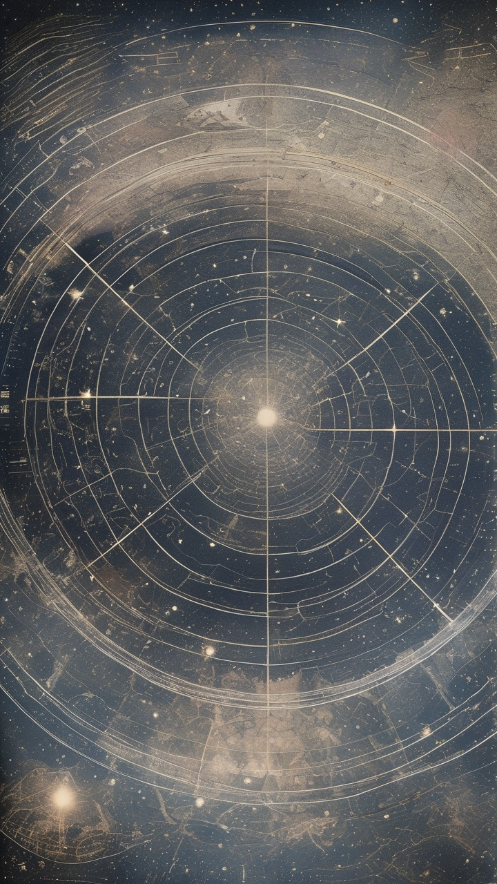 Star map — a hand-drawn style celestial chart overlaid on a real deep space photograph