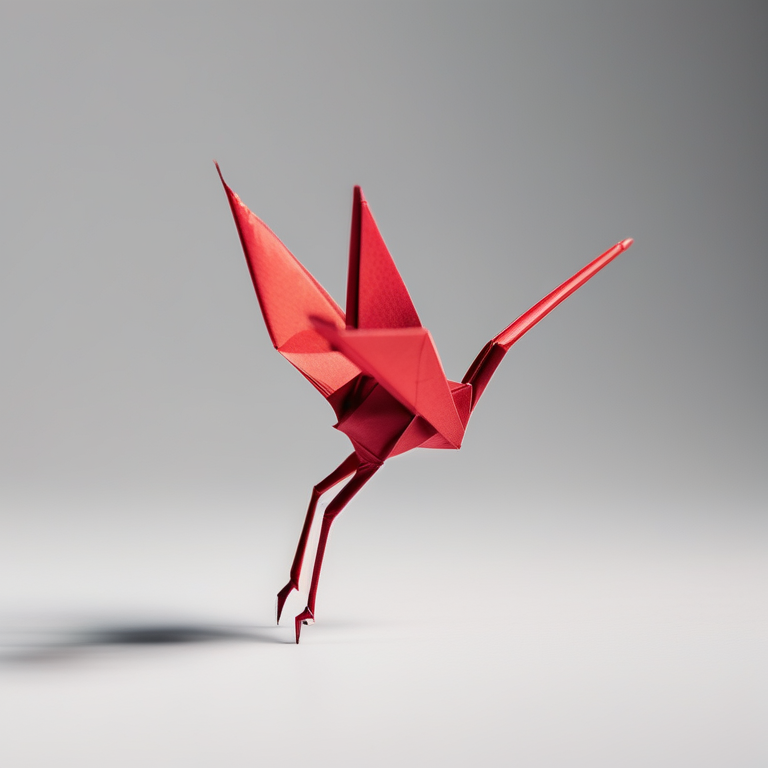 Single red origami crane on pure white background