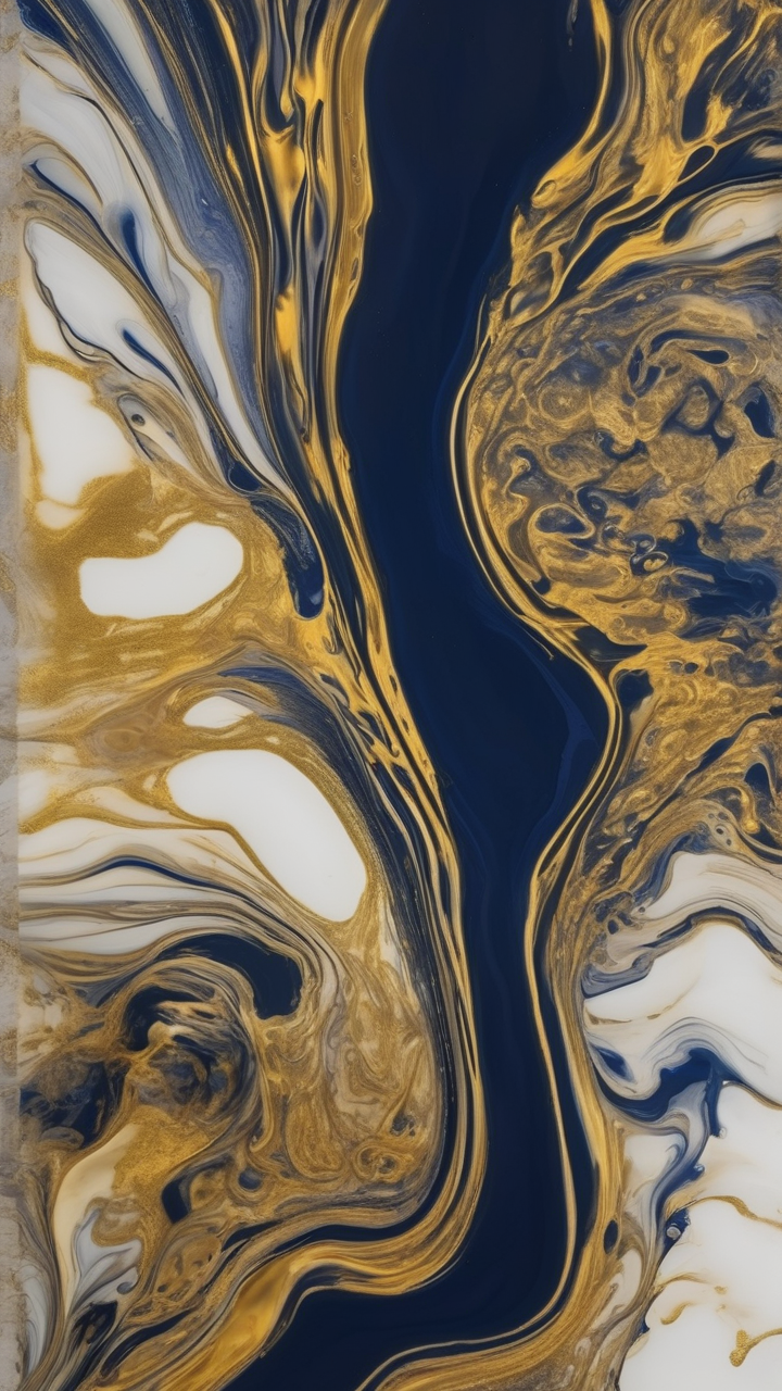 Abstract fluid art — deep navy and gold ink expanding in water