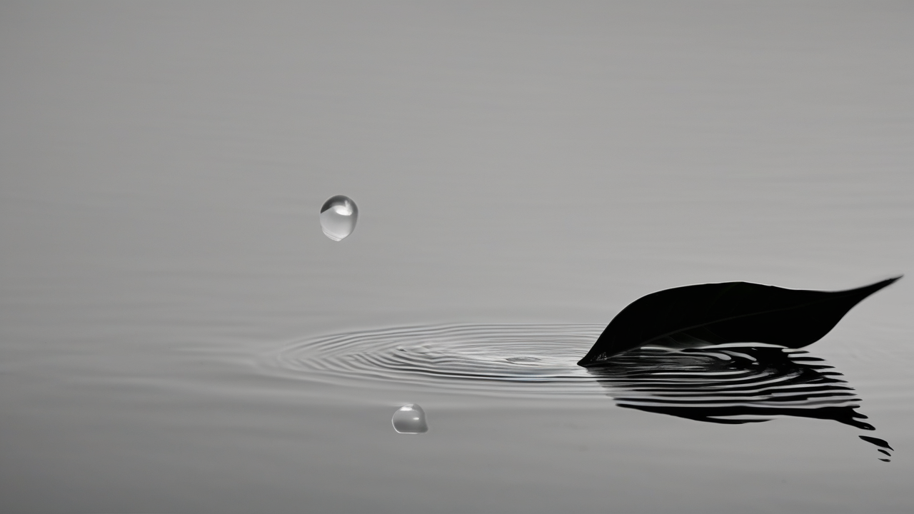 Monochrome minimalist — a single leaf floating on still dark water