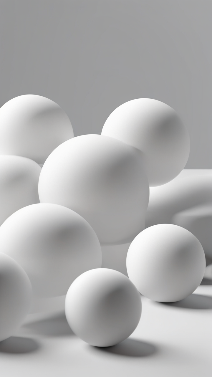 Abstract 3D render — smooth white spheres on a white surface casting soft shadows
