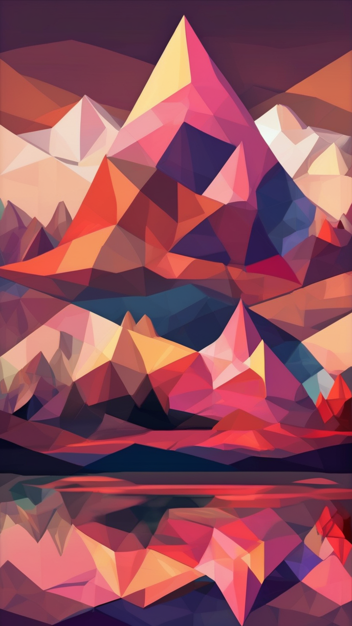 Geometric low poly landscape at sunset — triangular facets forming mountains and sky