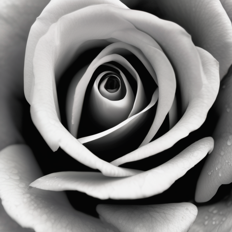 Black and white macro photo of a rose bloom