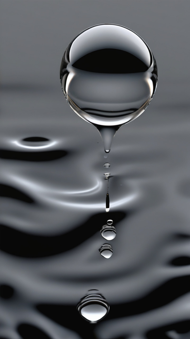 Pure black background with a single photorealistic water droplet mid-fall