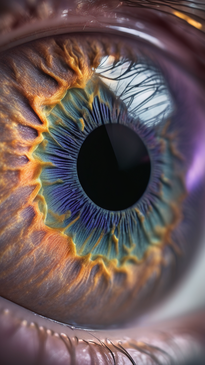 A single human eye photographed macro — iris patterns like a galaxy