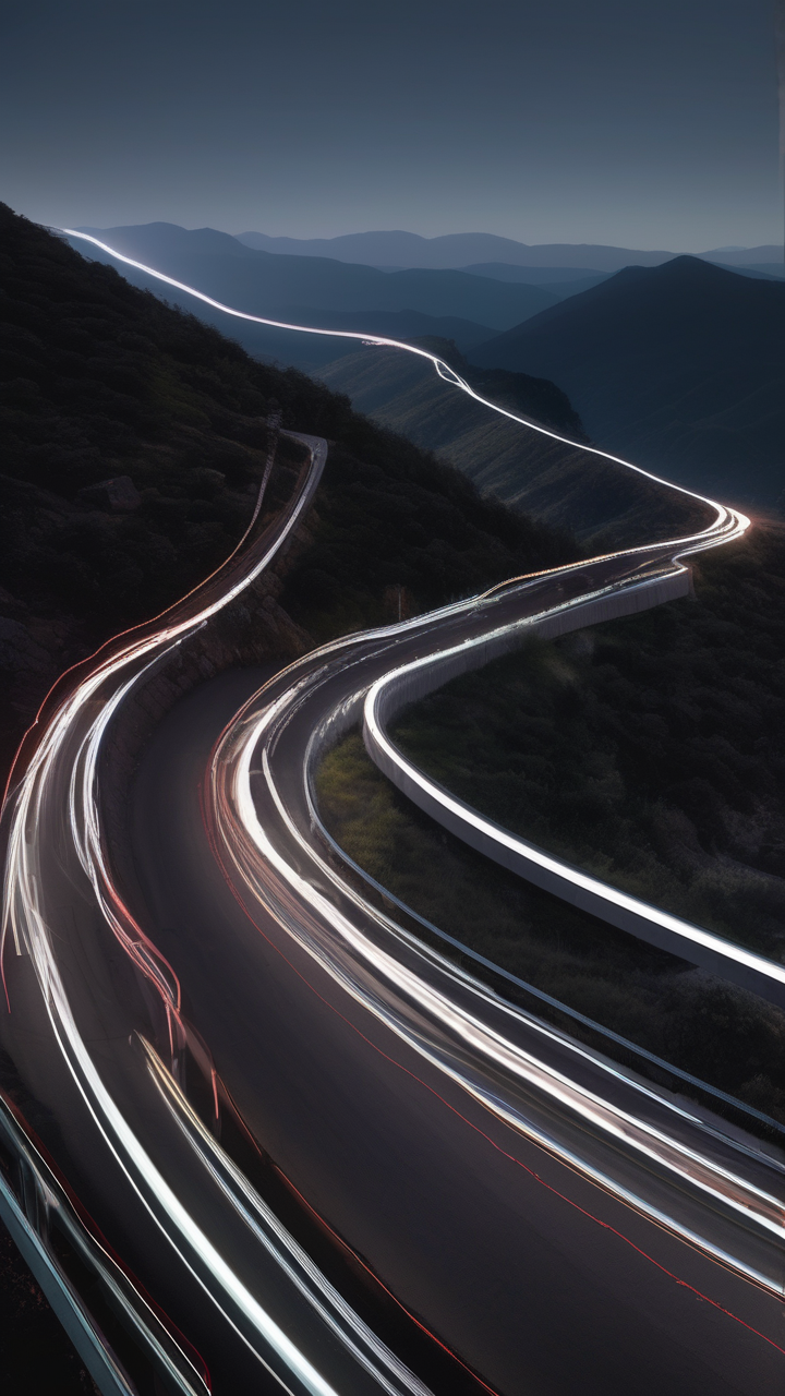 Lines of light — long exposure car trails on a curved mountain road at night