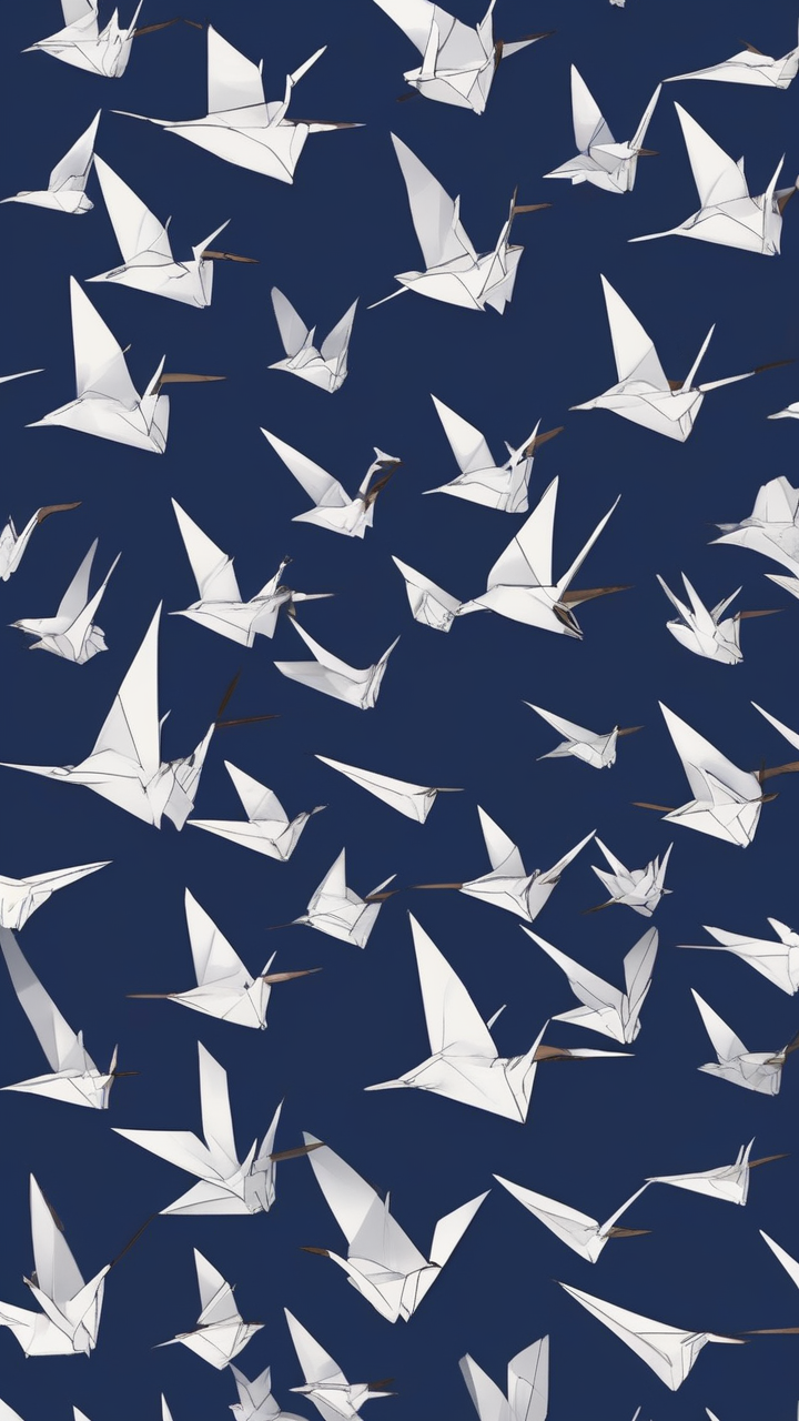 White paper cranes on deep blue — multiple origami birds in flight