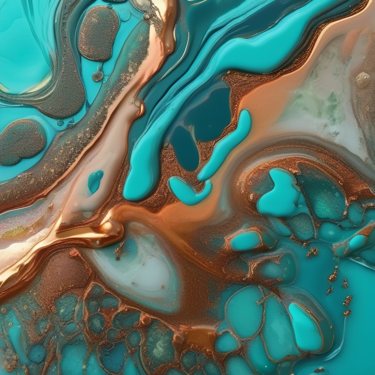 Abstract paint pour — acrylic cells in turquoise and copper