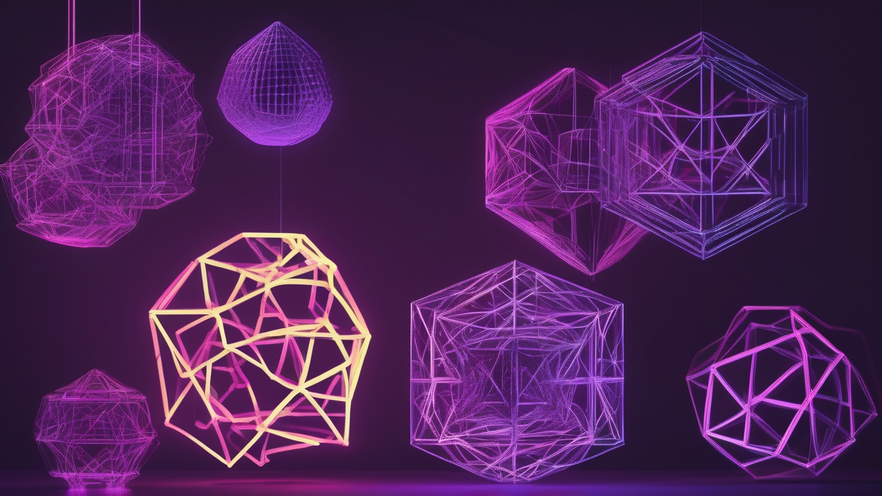 Wireframe 3D geometric shapes — icosahedra and tori floating in a dark space