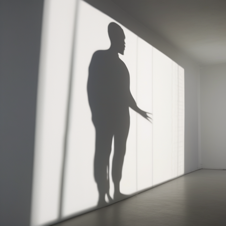 Shadow play — a human silhouette formed only by shadow on a white wall