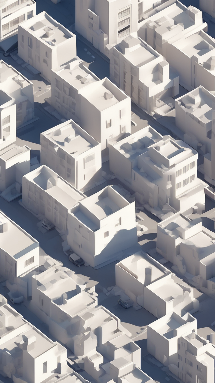 Isometric minimal city — clean white buildings casting perfect shadows